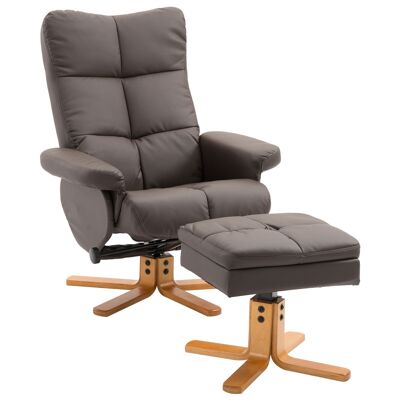 Wikinger Relaxsessel mit Hocker und Stauraum, TV-Sessel mit Liegefunktion, 360° drehbarer Sessel, PU-Holzgestell, braun, 80 x 86 x 99 cm