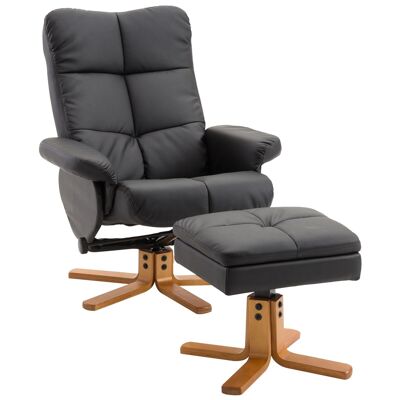 Wikinger Relaxsessel mit Hocker und Stauraum, Fernsehsessel mit Liegefunktion, 360° drehbarer Stuhl, PU-Holzgestell, Schwarz, 80 x 86 x 99 cm