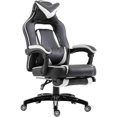Wikinger chaise de jeu chaise de bureau chaise pivotante chaise de direction avec repose-pieds coussin de dossier réglable en simili cuir blanc + noir 65x64x114-123.5 cm