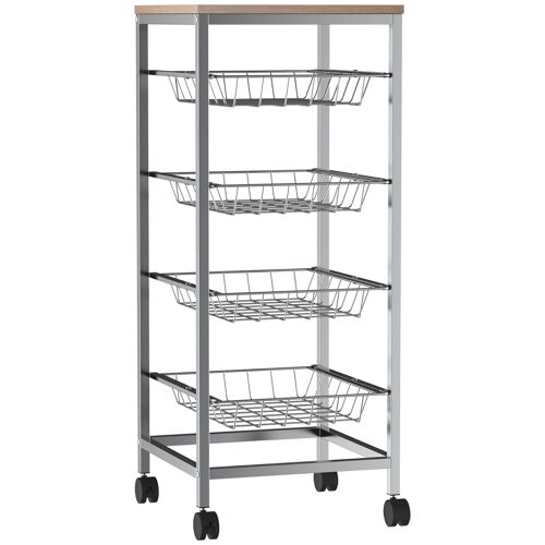 Wikinger serving trolley, kitchen trolley with metal baskets, kitchen trolley, side trolley, silver, 36.5 x 36.5 x 89 cm