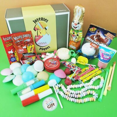 Oster-Süßigkeitenbox „Frohe Ostern“: Retro-Süßigkeitenschachtel im 80er-Jahre-Stil