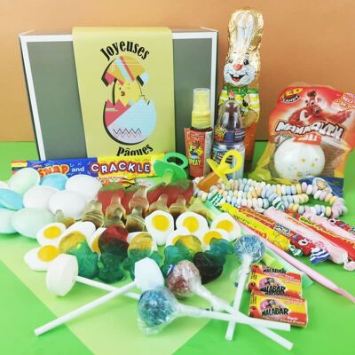 Oster-Süßigkeitenbox „Frohe Ostern“: Retro-Süßigkeitenschachtel im Stil der 90er Jahre