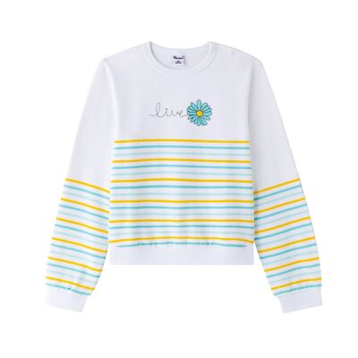 Junior girl's sweatshirt with three-color stripes and flower