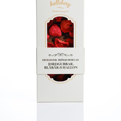 Chocolat au lait biologique aux fraises, myrtilles et framboises