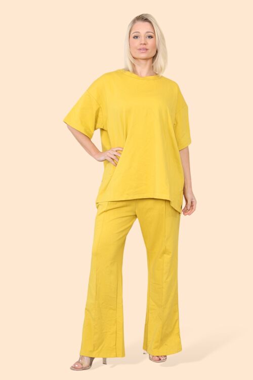 Cotton Set Short Sleeve T-Shirt Matched with Wide Leg Straight Pinned Trouseres