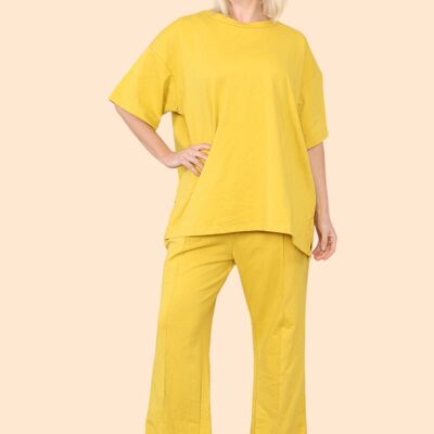 Cotton Set Short Sleeve T-Shirt Matched with Wide Leg Straight Pinned Trouseres