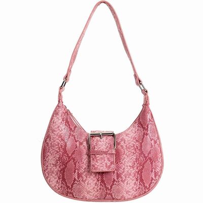 Bolso De Hombro Con Hebilla Curva En Estampado De Serpiente Rosa