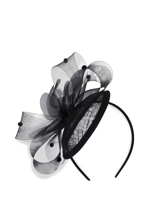 Disc Fascinator with Swirls and Pom Poms in Black