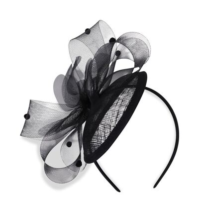 Disc Fascinator with Swirls and Pom Poms in Black