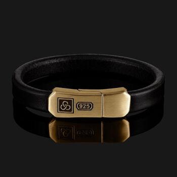 Bracelet signature en cuir noir vermeil doré