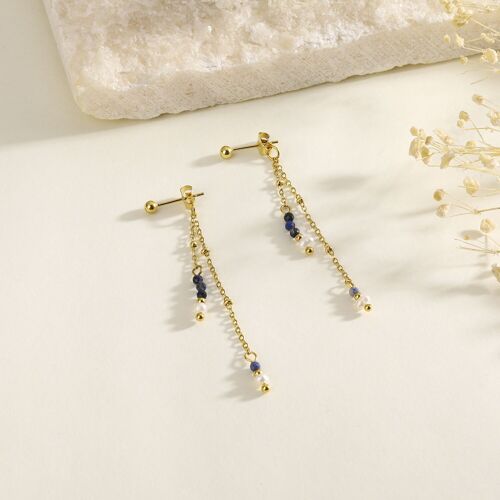Boucles d'oreilles double chaînes pendantes avec perles et pierres bleues