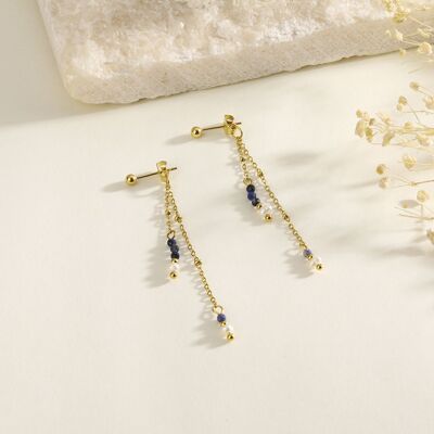 Double dangling chain earrings with pearls and blue stones