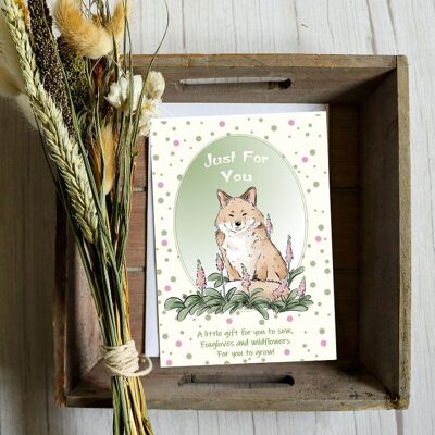 Fox in wildflowers. Greeting cards with a gift of seeds