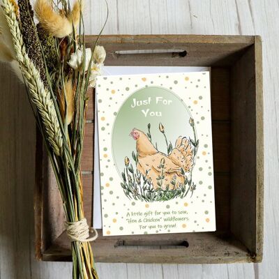 Chicken and wildflower. Greeting card with a gift of seeds