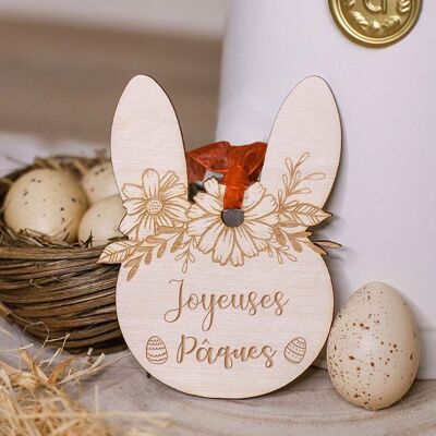 Decorazione pasquale in legno "La mia prima Pasqua" - Testa di coniglio fiorita
