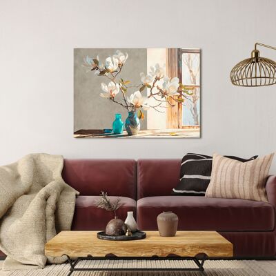 Quadro fiori su tela: Remy Dellal, Ramo di magnolia in un vaso