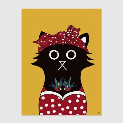 Stampa artistica da parete con gatto vestito rockabilly A4 e A3