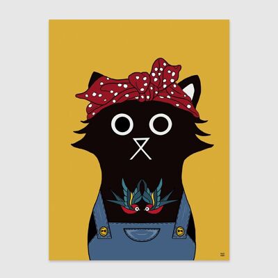 Impression d'art mural A4 représentant un chat en salopette rockabilly