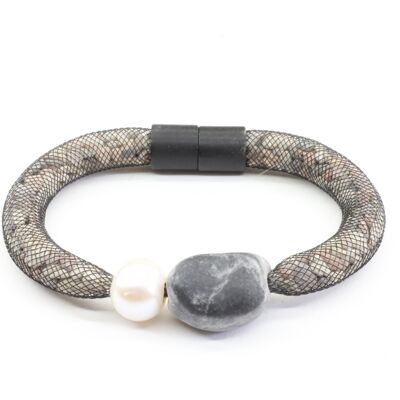 Bracelet Lanzarote perle / galet noir