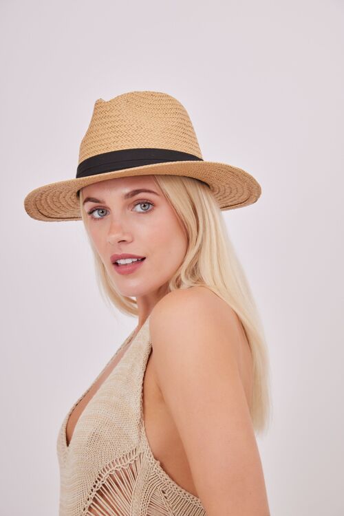 Straw fedora with Grosgrain Trim in Natural and Black