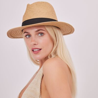 Straw fedora with Grosgrain Trim in Natural and Black