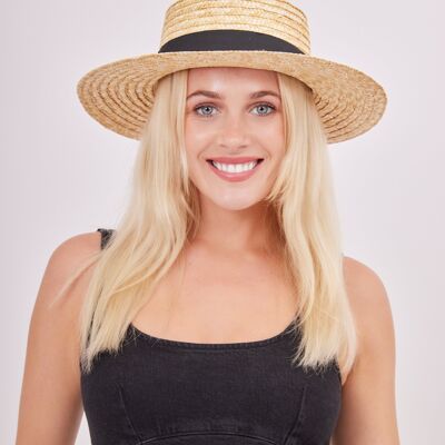 Boater Straw Hat With Grosgrain Bow Trim in Natural and Black