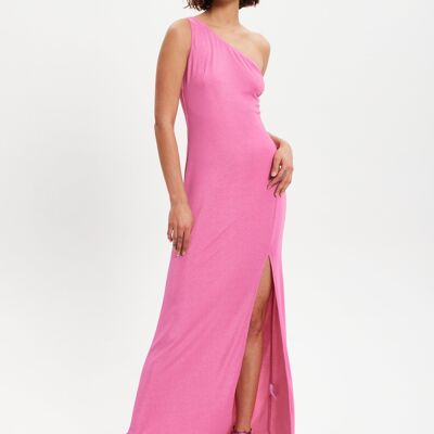 Maxi abito monospalla in jersey lurex rosa liquore con spacco lungo