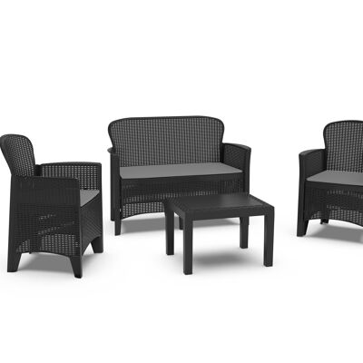 Set divano, sedia e tavolino Veneto in rattan di plastica da 4 pezzi