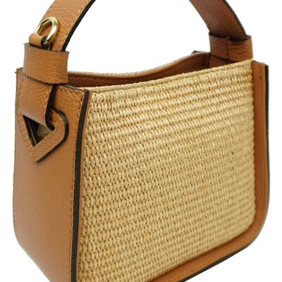 Léonie leather-trimmed raffia handbag 88002