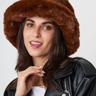 Fur Plush Bucket Hat in Brown