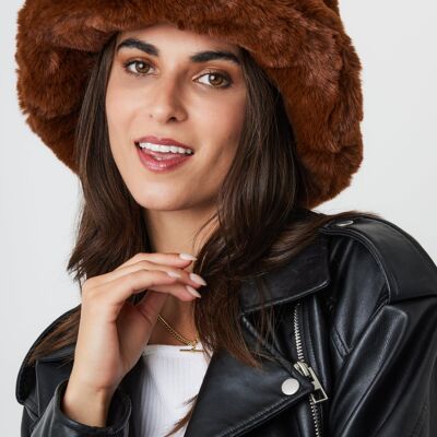 Fur Plush Bucket Hat in Brown