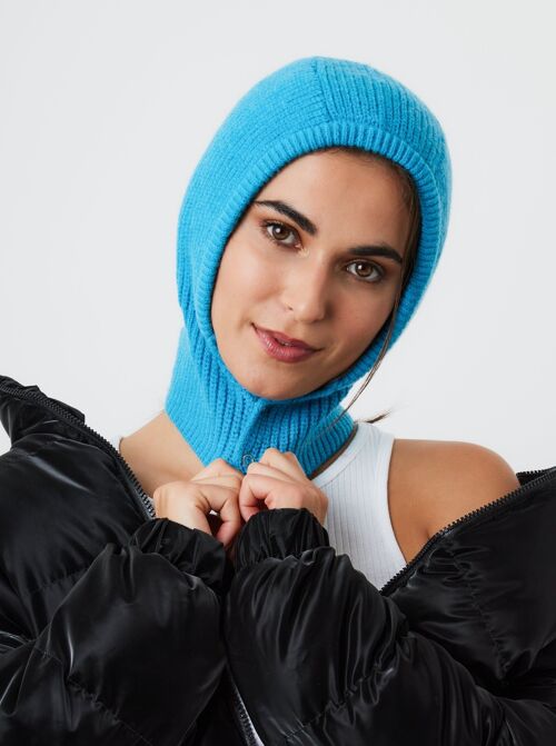 Button Up Knitted Hood Balaclava in Blue