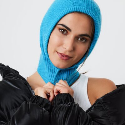 Button Up Knitted Hood Balaclava in Blue