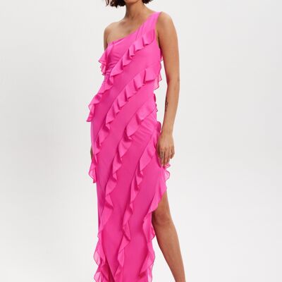 Liquorish Diagonal Ruffle One Shoulder Mesh Maxi Dress in Pink