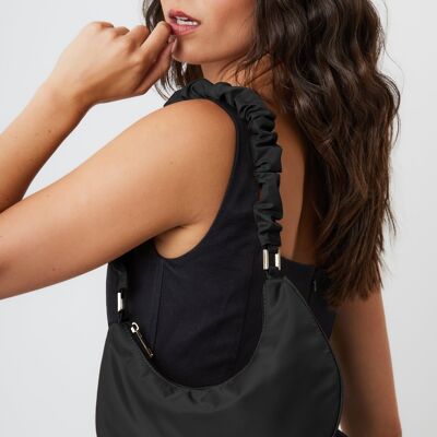 Nylon Ruched Shoulder Bag in Black