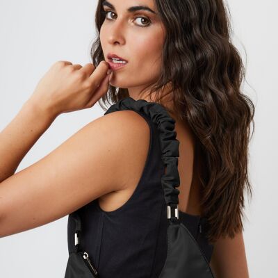 Nylon Ruched Shoulder Bag in Black