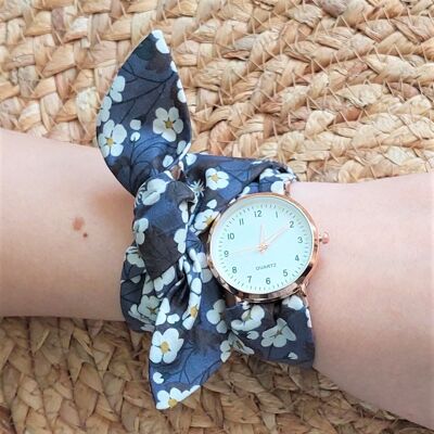 Gray women's scarf watch with liberty mitsi fabric bracelet, gray small dial
