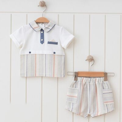 Un paquete de cinco tamaños, elegante conjunto de pantalones cortos para niño estilo salopet a rayas de tela tejida