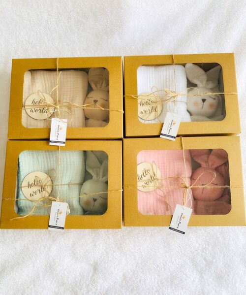 Organic Cotton Four Layered Crotcheted Muslin Blanket & Sleeping Bunny