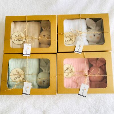 Organic Cotton Four Layered Crotcheted Muslin Blanket & Sleeping Bunny