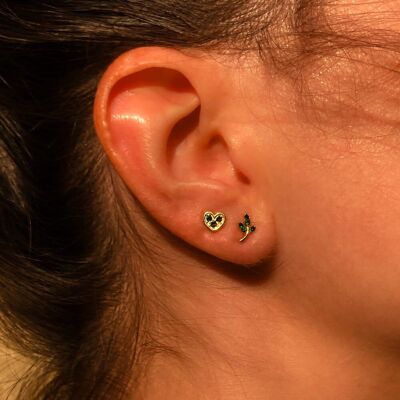 Set di orecchini a bottone a forma di cuore con farfalla e strass in acciaio 0323197
