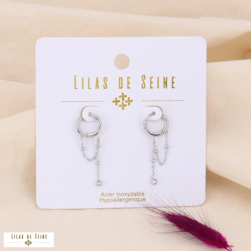 Mini orecchini a cerchio con catena a sfere di strass in acciaio inossidabile 0323177
