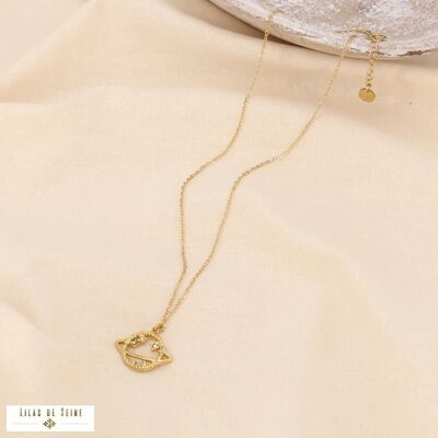 Edelstahl-Halskette mit Planetenanhänger und weißen Strasssteinen 0123089