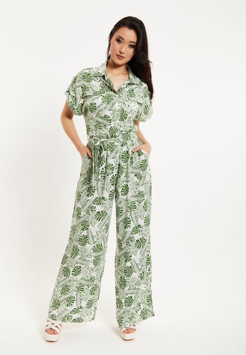 Liquorish Green Leaf Printed Jumpsuit