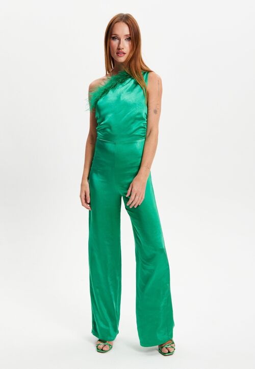 Liquorish One Shoulder Ostrich Feather Detail Jumpsuit in Green