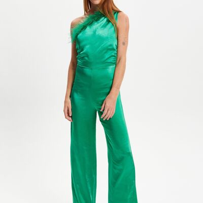 Liquorish One Shoulder Ostrich Feather Detail Jumpsuit in Green