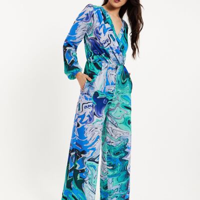 Liquorish Turquoise Marble Print Jumpsuit