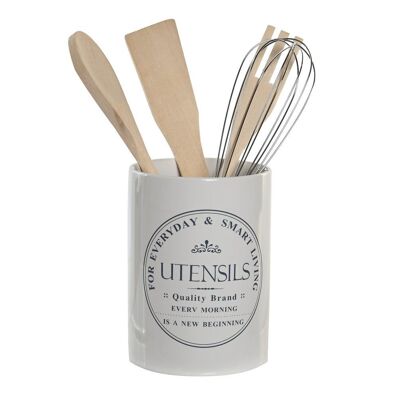 UTENSILS JAR SET 5 STONEWARE WOOD 10X10X14 WHITE PC204954