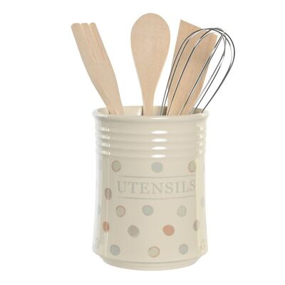 UTENSILS JAR SET 5 STONEWARE WOOD 11X11X14 DOTS PC204945