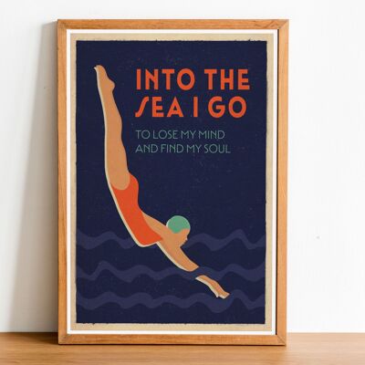 Schwimmer 02 Kunstdruck, Schwimmposter, Schwimmwandkunst, Wohndekoration, Retro-Kunst, Art-Deco-Kunst, Schwimmgeschenk, Meeresschwimmen, Into the Sea I Go